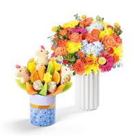Unicorn Fruit Bouquet and Flowers Gift Bundle
